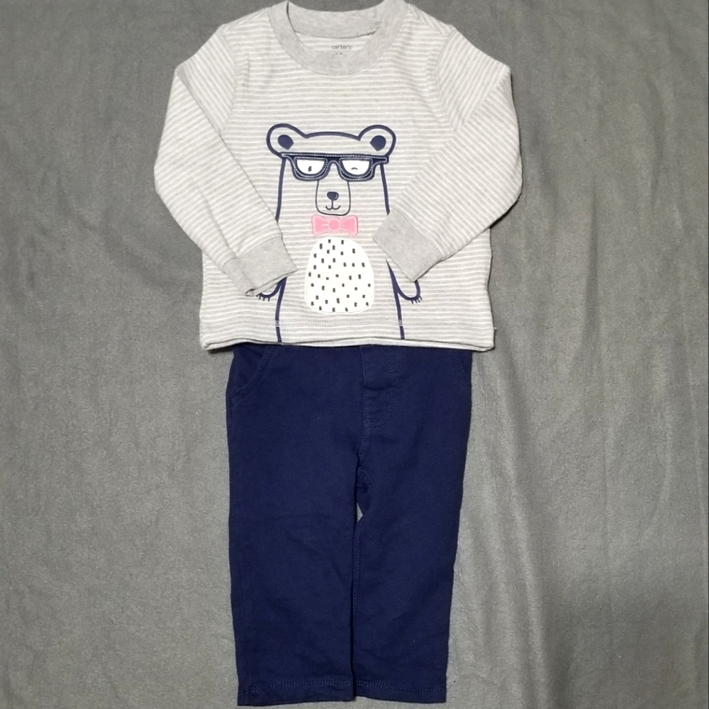 NWOT Carter's 2 piece set, bear in glasses sweater & navy dress pants 12m